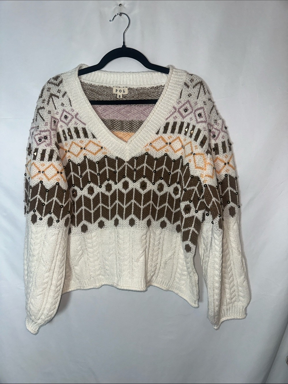 POL V-Neck Fair Isle Cable Knit Sweater - Cream, Brown, Pink & Orange Accents